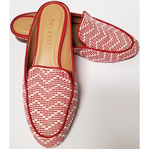 TALBOTS Slip-On Mule Red & Ivory Woven Chevron 7.5 Red Trim Leather Sole Classic - Picture 1 of 7